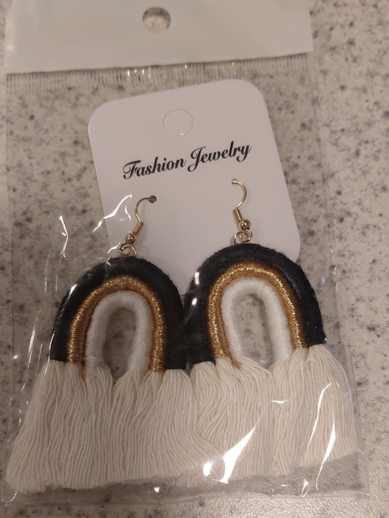 Fashion Jewelry Jewelry - Fashion Jewelry Black, Gold & Cream Rainbow Fringe Earrings